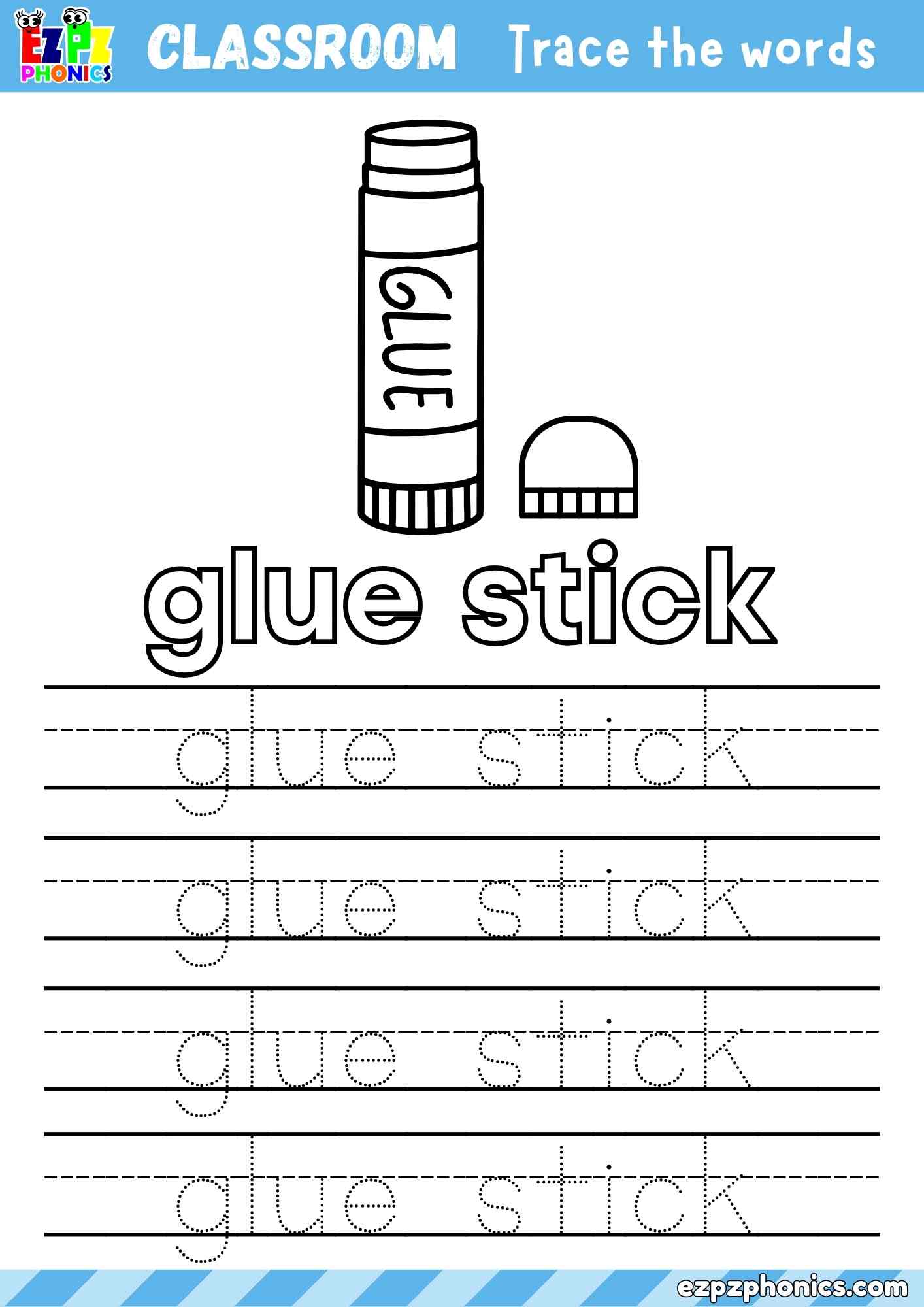 Glue Stick Classroom Objects Vocabulary Word Tracing Activity Color